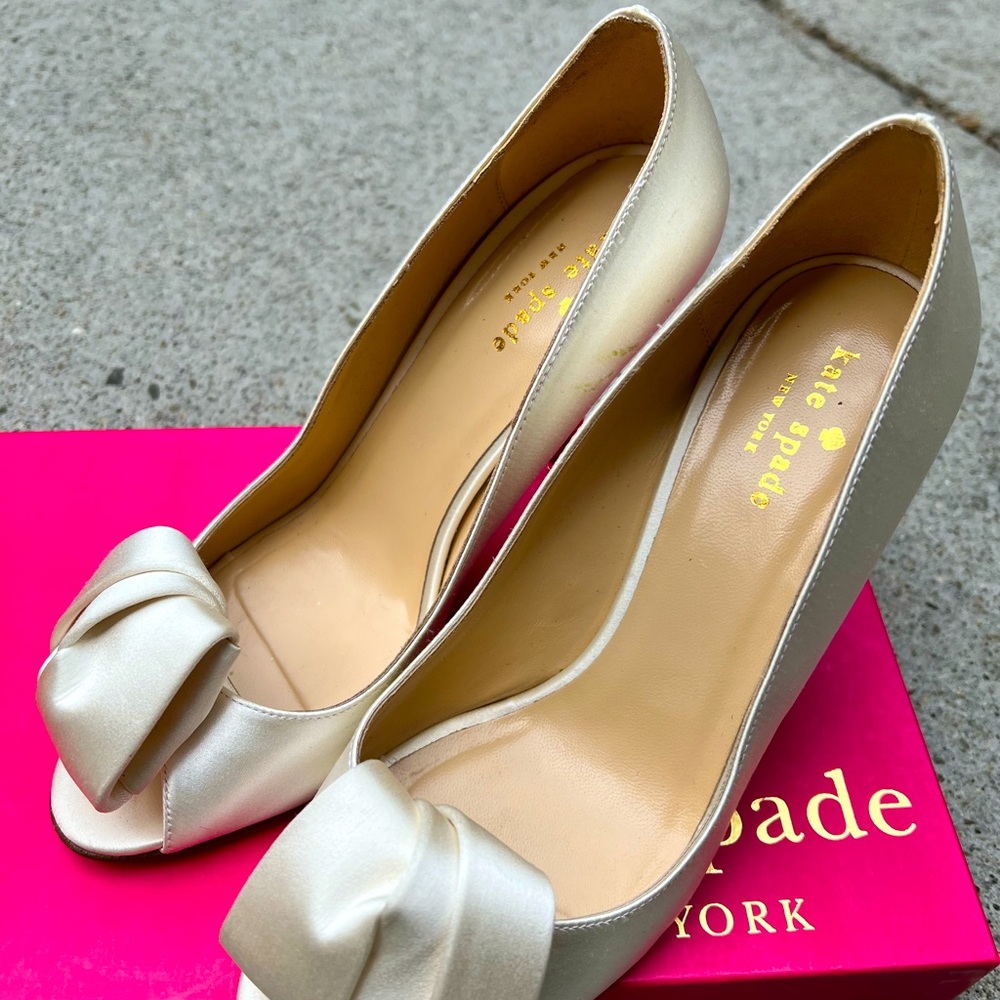 Kate Spade ivory satin glitter heels
